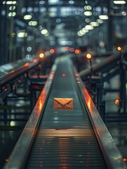 Minimalistic image of an envelope being transported on a conveyor belt, on a communication in industry background, message delivery.