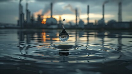 Capturing the essence of industry's environmental impact through a water droplet silhouette against a factory reflection on a minimalist backdrop.