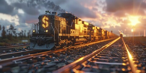 A simple image of a train carrying a series of dollar signs, set against a transport economics background, depicts wealth on the move. - obrazy, fototapety, plakaty