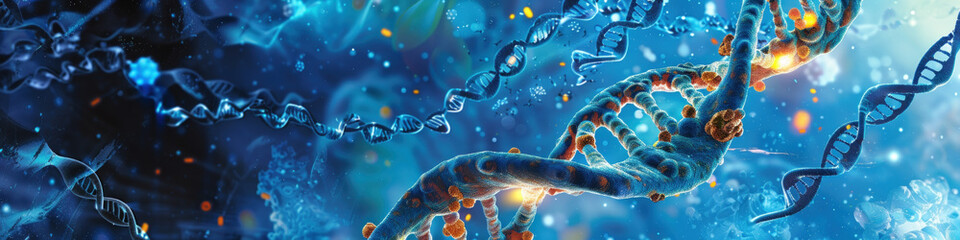 A highly detailed double helix DNA strand with glowing nodes, showcasing the complexity of genetic coding against a vibrant blue backdrop - obrazy, fototapety, plakaty