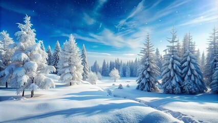 Winter Christmas idyllic landscape. White trees in forest covered with snow, snowdrifts and snowfall against blue sky in sunny day on nature outdoors, blue tones.