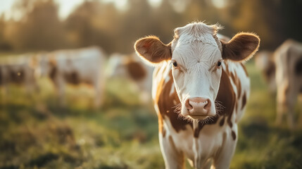Brown and white cow on a green field with eco environment , beautiful sunlight in the field - Powered by Adobe