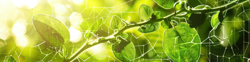 A digital network pattern superimposed over a sunlit scene of green leaves, conveying a concept of nature and technology integration - obrazy, fototapety, plakaty