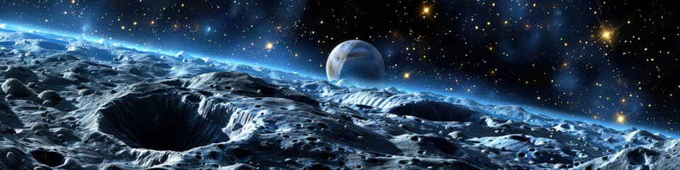 The rugged terrain of the moons surface contrasts with the serene Earthrise, a view from the lunar orbit