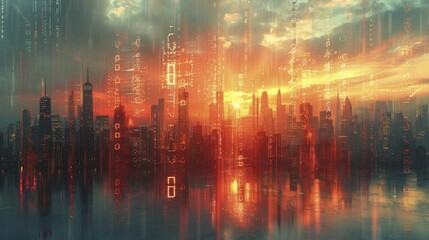 A futuristic cityscape emerging from a digital barcode, symbolizing commerce as the catalyst for urban growth on a trade backdrop.