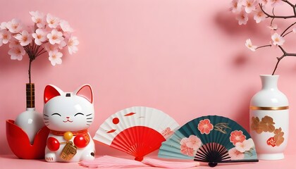 japanese aesthetics with fans and lucky cat - obrazy, fototapety, plakaty