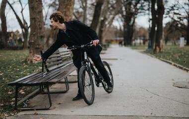 Active lifestyle captured with a young man enjoying a bike ride in a scenic park during fall.