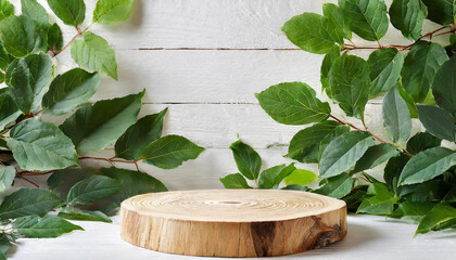 Round wooden podium for presentation. Natural pedestal and green leaves. empty product placement.