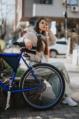 A young woman with headphones around her neck, using a smart phone while sitting by her blue bicycle on an urban street.