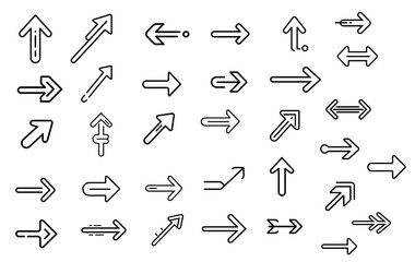 Assorted Arrows Icon Set, Black Line Art, Direction and Navigation Symbols