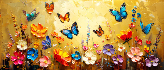 Fototapeta na wymiar Oil painting of the field flowers and butterflies