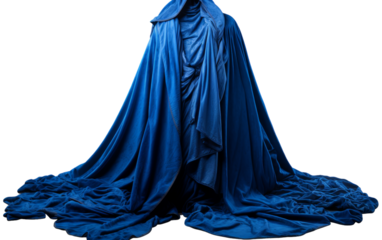A blue cloak elegantly adorns a mannequin, adding a touch of mystery and allure to the scene