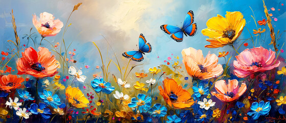 Oil painting of the field flowers and buterflies