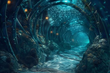 : A labyrinthine corridor lined with pulsating coral formations, bioluminescent tendrils illuminate...