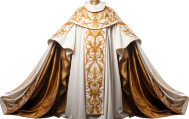 A stunning white priests robe adorned with intricate gold trim, exuding elegance and opulence
