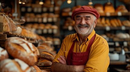 Happy Baker Smiling in Artisan Bakery with Fresh Bread