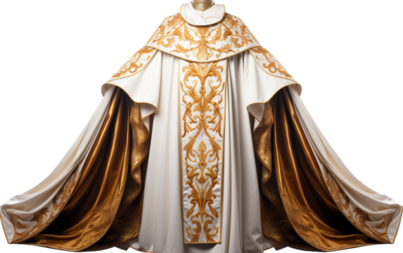 A stunning white priests robe adorned with intricate gold trim, exuding elegance and opulence