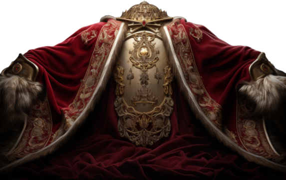 A man in a vibrant red cloak walks away, his back turned to the viewer