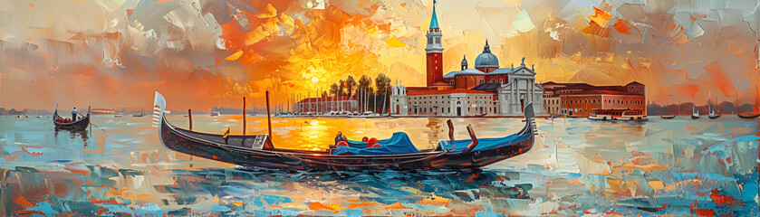 Venice in sunset - oil painting - obrazy, fototapety, plakaty