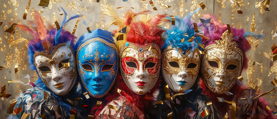 Venetian masks on gold background - 771799943