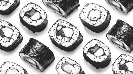 black and white illustration sushi, white blakground, pattern