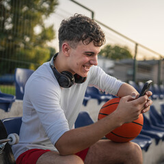 caucasian teen using mobile phone smartphone at a basketball court