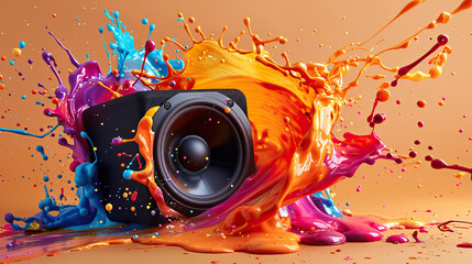A dynamic explosion of colorful paint splashes around a black speaker against an orange backdrop,...