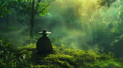 A man in a hat standing on the ground with a green forest.