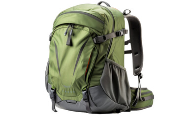 A green backpack with a smaller backpack attached to it, creating an unusual and intriguing sight