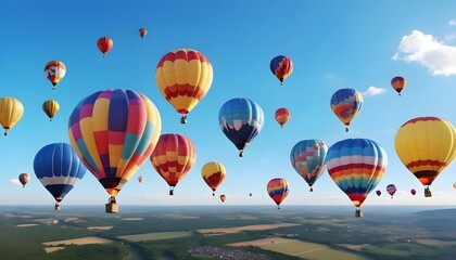Obraz premium colorful balloons aircrafts in the blue sky with clouds over a beautiful country landscape
