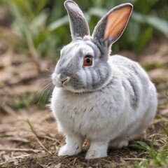 Fototapeta premium white rabbit on the grass, It sounds like you're describing a small rabbit. Rabbits are small mammals belonging to the order Lagomorpha, with long ears, short fluffy tails, and strong hind legs