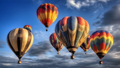 Fototapeta premium colorful balloons aircrafts in the blue sky with clouds over a beautiful country landscape