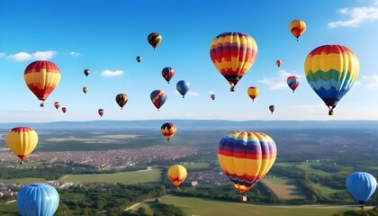 Obraz premium colorful balloons aircrafts in the blue sky with clouds over a beautiful country landscape