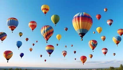Obraz premium colorful balloons aircrafts in the blue sky with clouds over a beautiful country landscape
