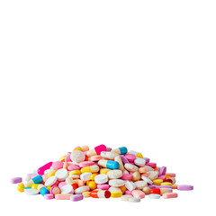 Colorful pills creating an artful display on a transparent background