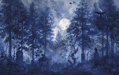wallpaper showing a dark Nordic forest at night, with ravens and wolves, runestones between the tree