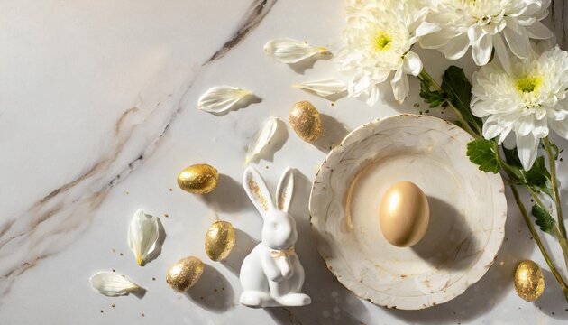 top view vertical photo of easter decorations white chrysanthemum flowers petals ceramic easter bunny and plate with eggs on isolated white marble texture background with empty space