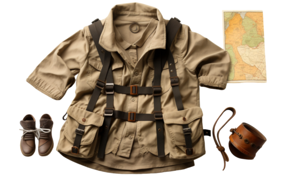 A backpack, shoes, and a map laid out on a white background