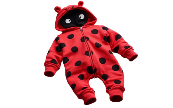 Adorable baby dressed as a red and black ladybug exploring the world with curiosity