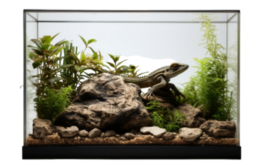 A colorful lizard perches gracefully on a textured rock in a habitat for reptiles