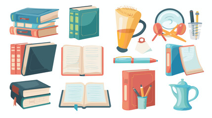 Book and icon set. School supply object and educati