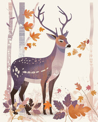 minimalist illustration of a realistic white-tailed Deer with antlers standing in the open
