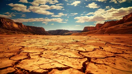 Poster A vast arid desert with cracked earth, distant mountains, blue sky, and white clouds. The cracked earth shows extreme heat and lack of water. Mountains obscured by haze and dust. Harsh desert beauty. © Helen-HD
