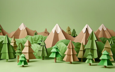 3d render, Beskidy mountains made from cardboard and paper, origami, sustainable, tree 