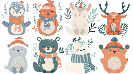 Set of cute winter smiling animals. Cartoon zoo. Vector illustration. Posters for the design of children products in scandinavian style