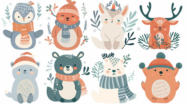 Set of cute winter smiling animals. Cartoon zoo. Vector illustration. Posters for the design of children products in scandinavian style