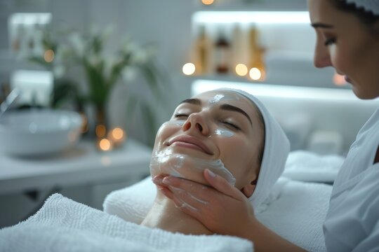 Close-up of beautiful young woman's face with facial mask and towel on the head. Woman gets facial care by beautician at spa salon. Happy female patient relaxing with her eyes closed.