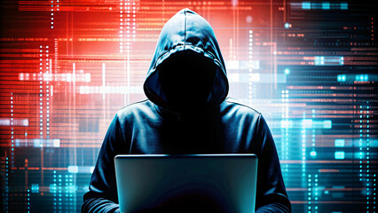Person typing on a laptop, masked hacker, with a laptop, in a cybercrime scene
