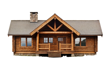 A small log cabin with a porch and stairs nestled in a tranquil forest setting