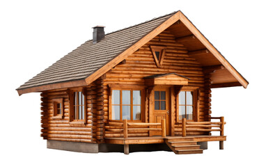 A small log cabin with a porch and stairs nestled in a peaceful setting